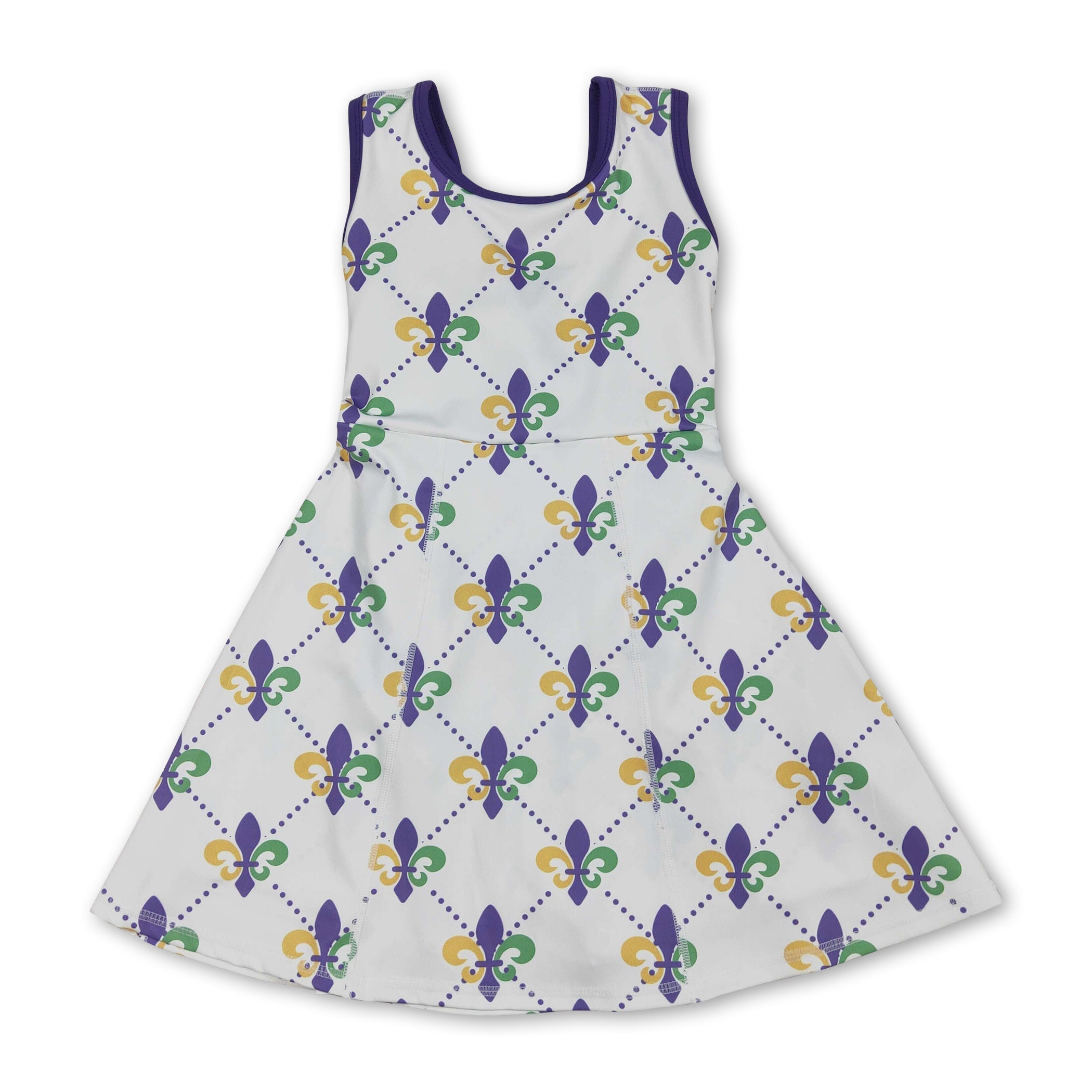 Purple green yellow sleeveless girls Mardi Gras athletic dress