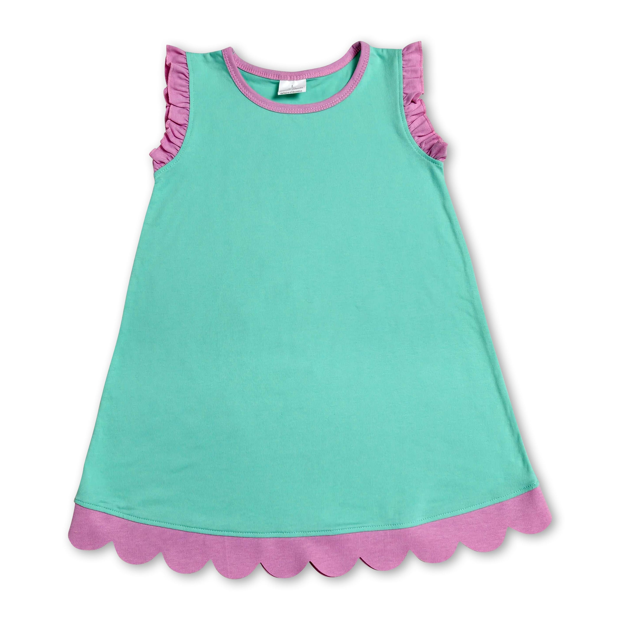 Pink scallop ruffle sleeveless mint girls cotton dress