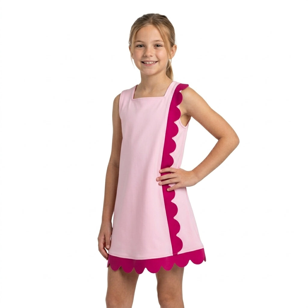Sleeveless pink scallop cotton girls summer dress
