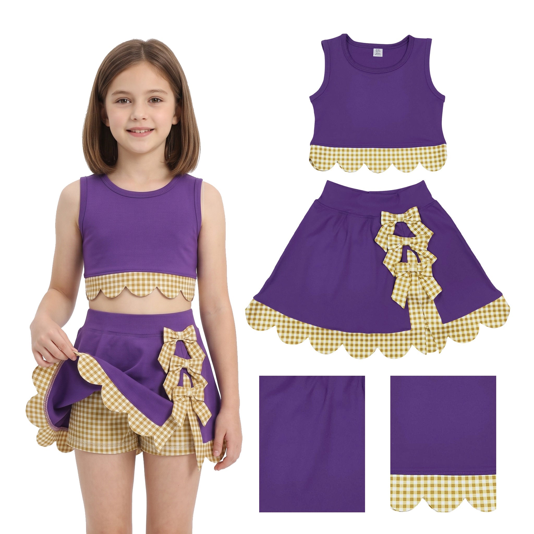 Sleeveless plaid scallop purple girls summer active wear set