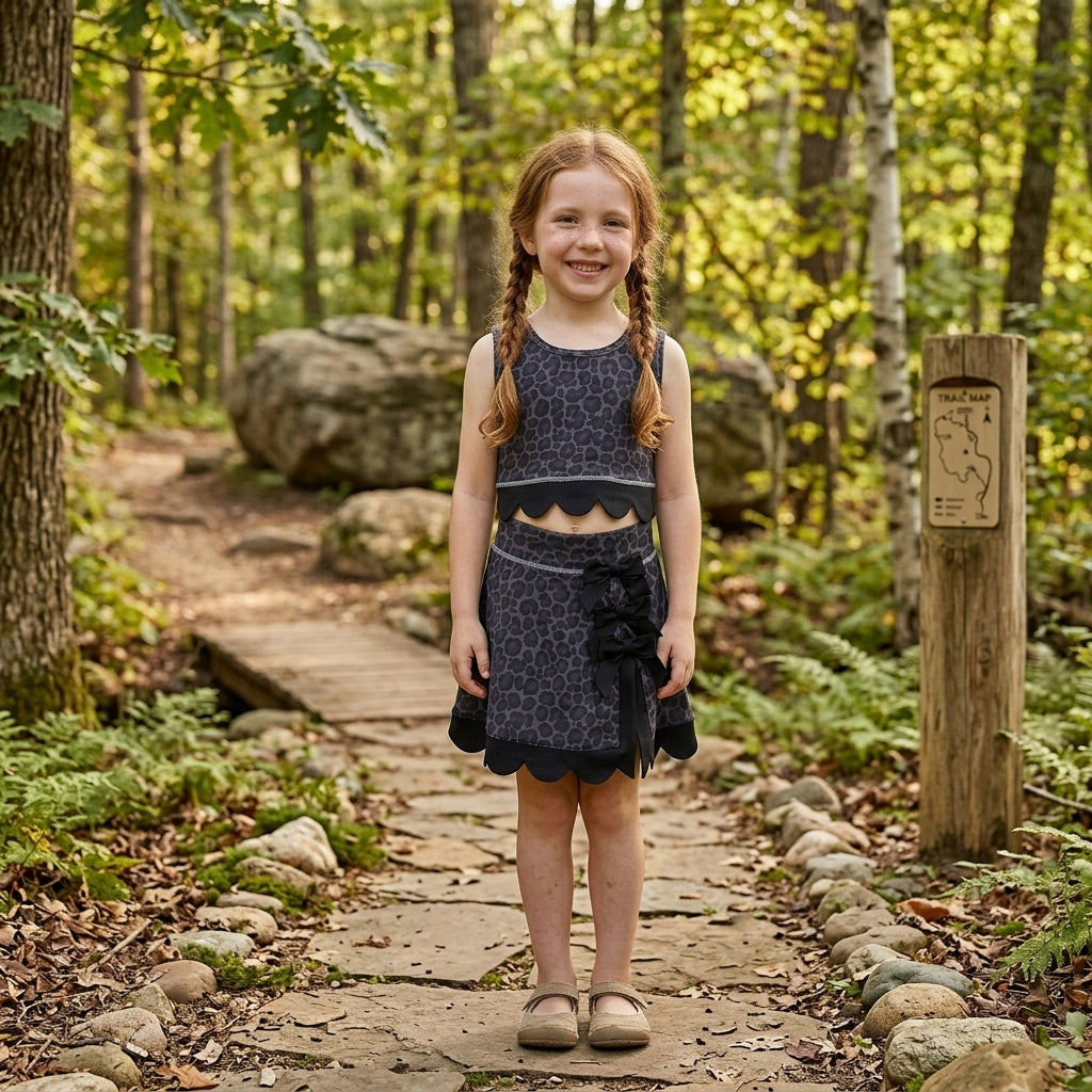 Sleeveless black leopard scallop top skirt girls active set