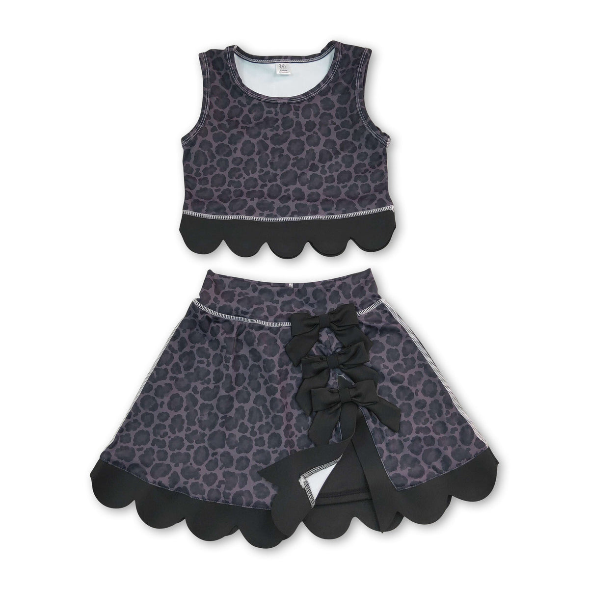 Sleeveless black leopard scallop top skirt girls active set