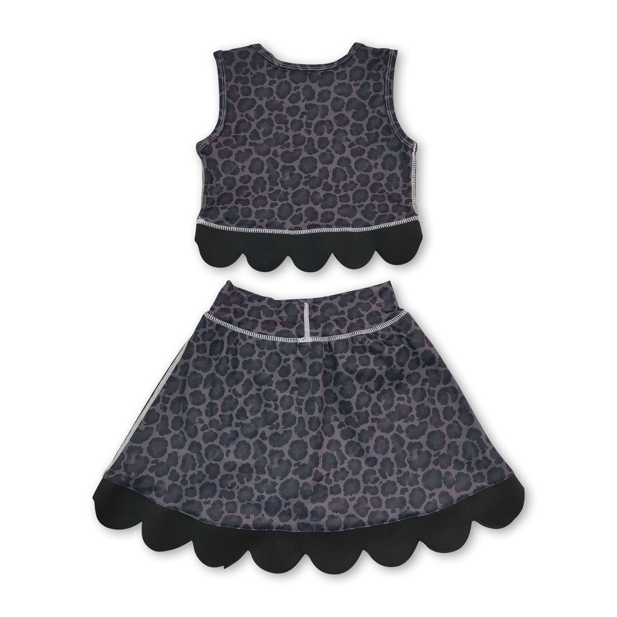 Sleeveless black leopard scallop top skirt girls active set
