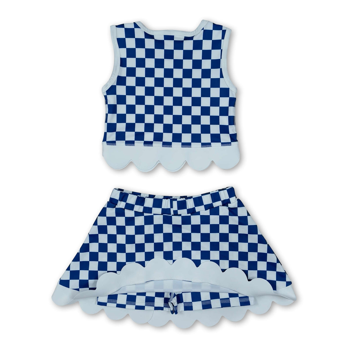Sleeveless blue U K plaid scallop girls team active wear set