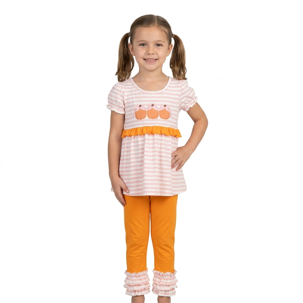 Pumpkin bow embroidery tunic leggings girls fall clothes