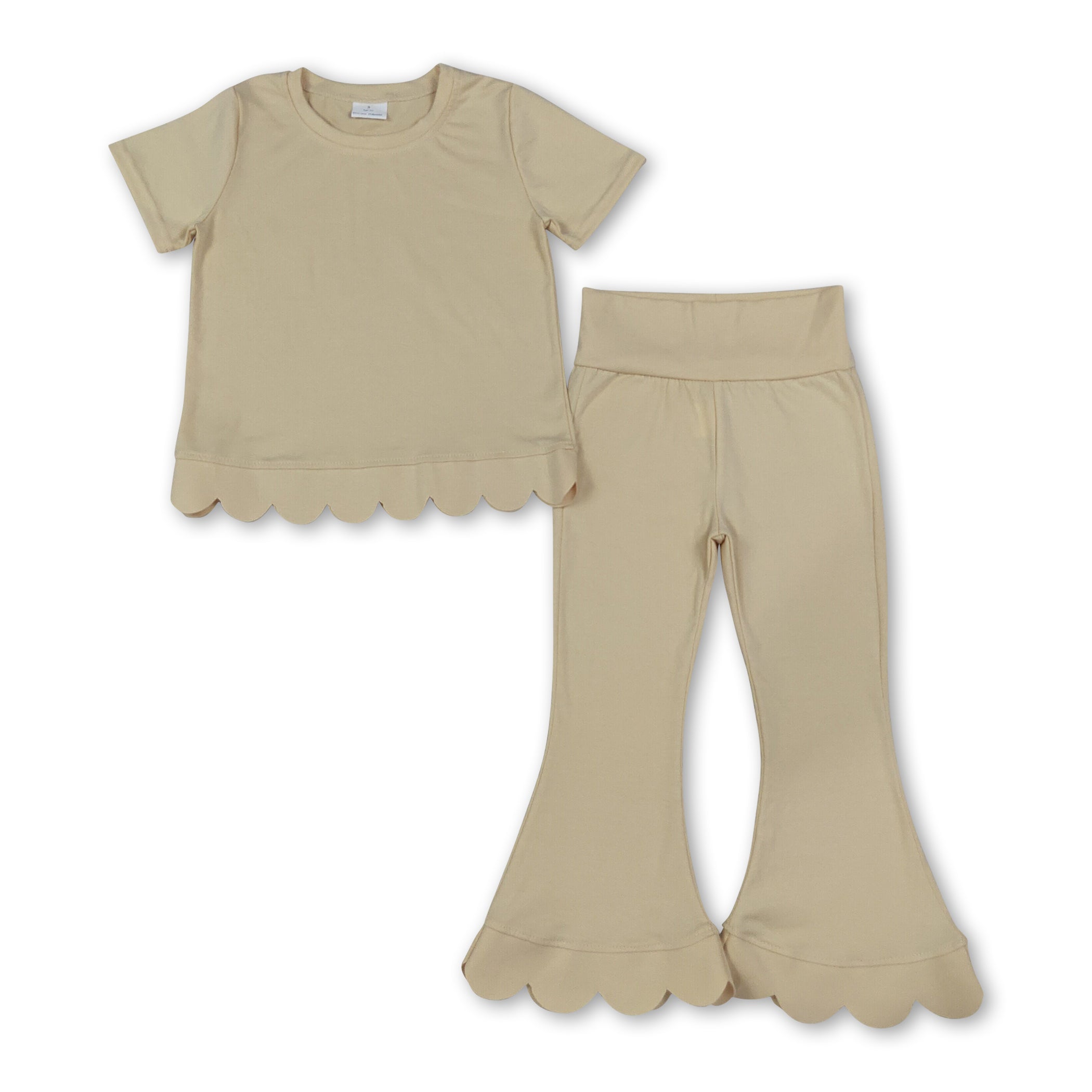 Short sleeves scallop beige cotton top pants girls outfits