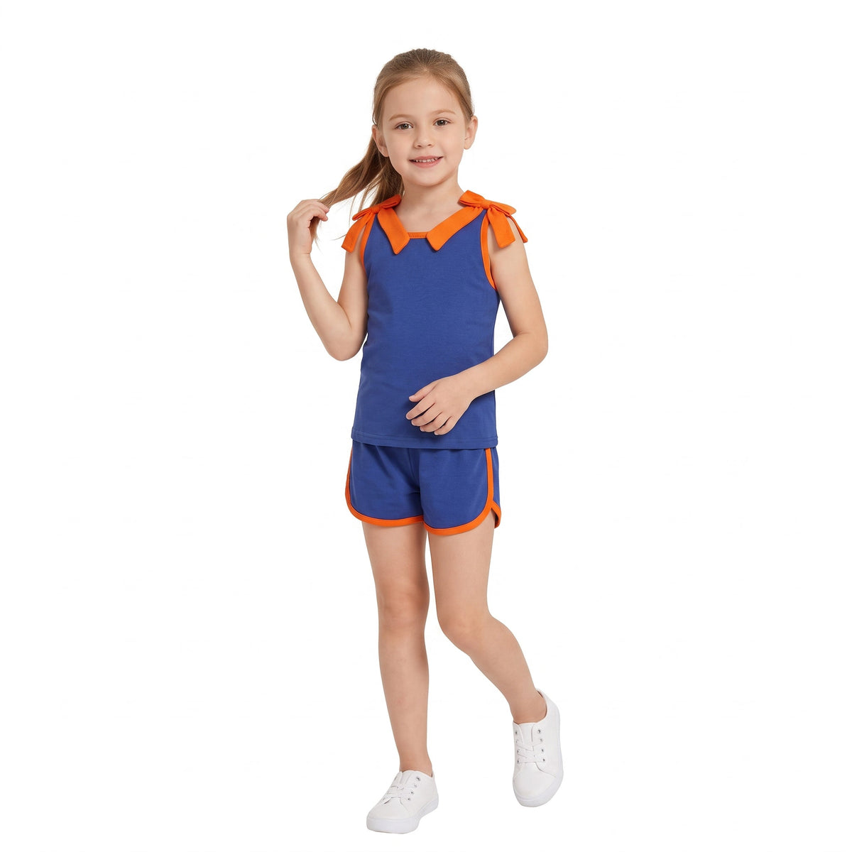 Sleeveless orange bow blue top shorts girls team set