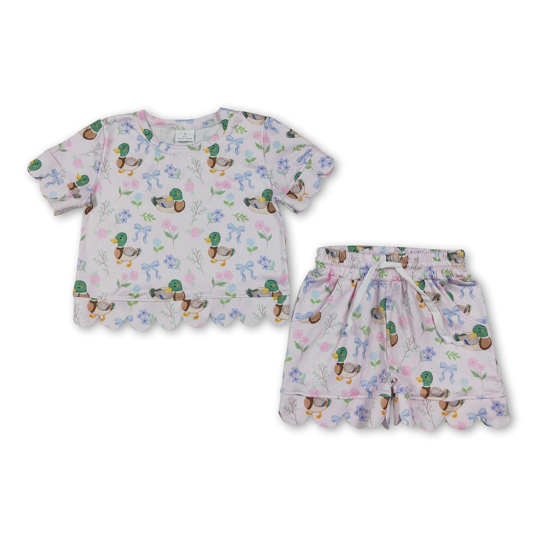 Short sleeves scallop duck floral bow girls summer clothes