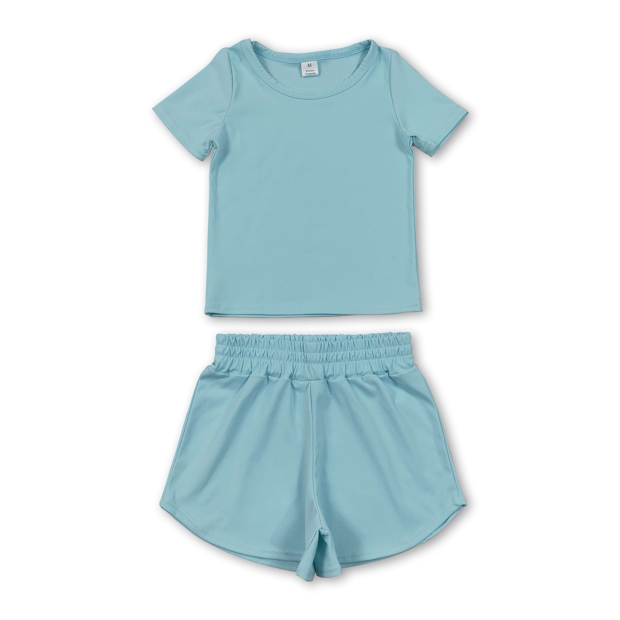 Short sleeves light blue top shorts kids girls yoga active set