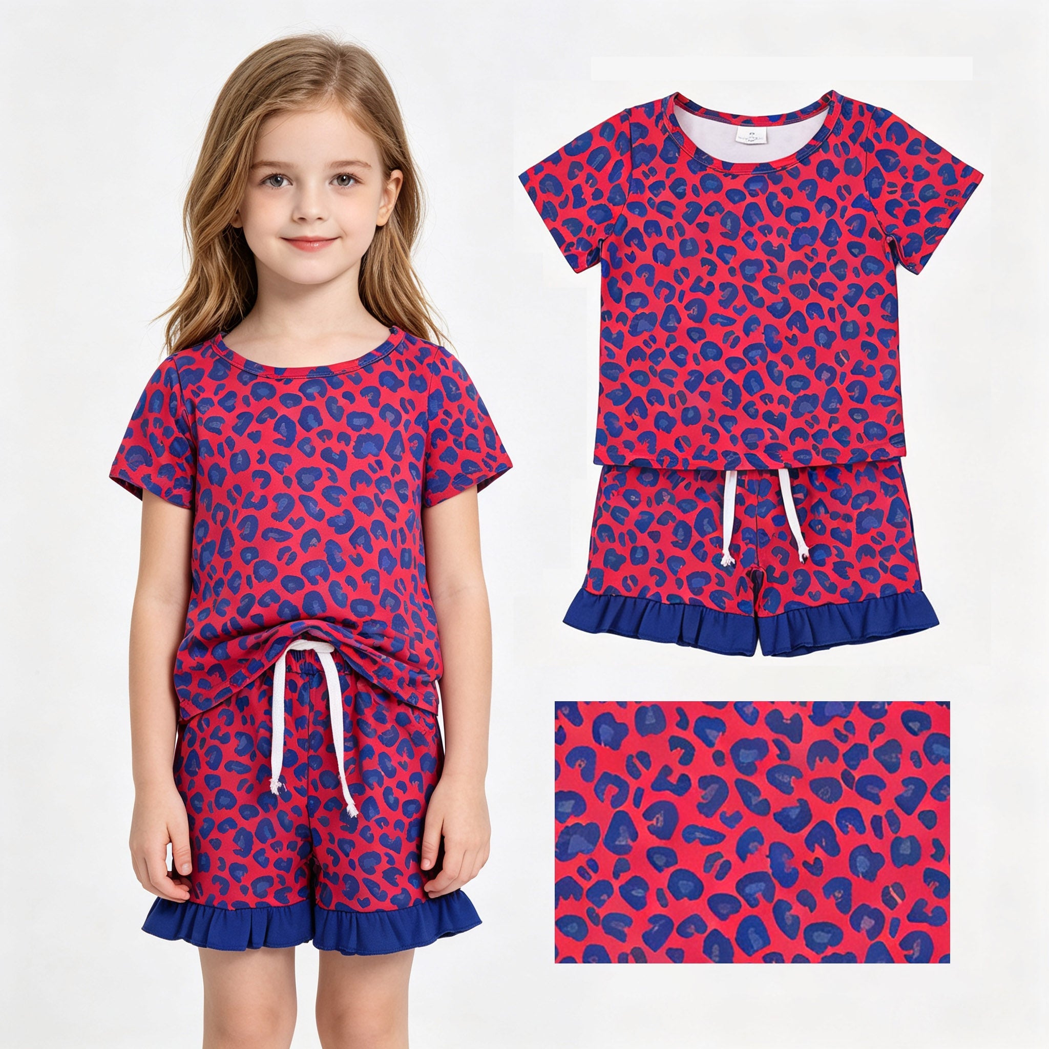 Short sleeves blue ruffle leopard top shorts girls outfits