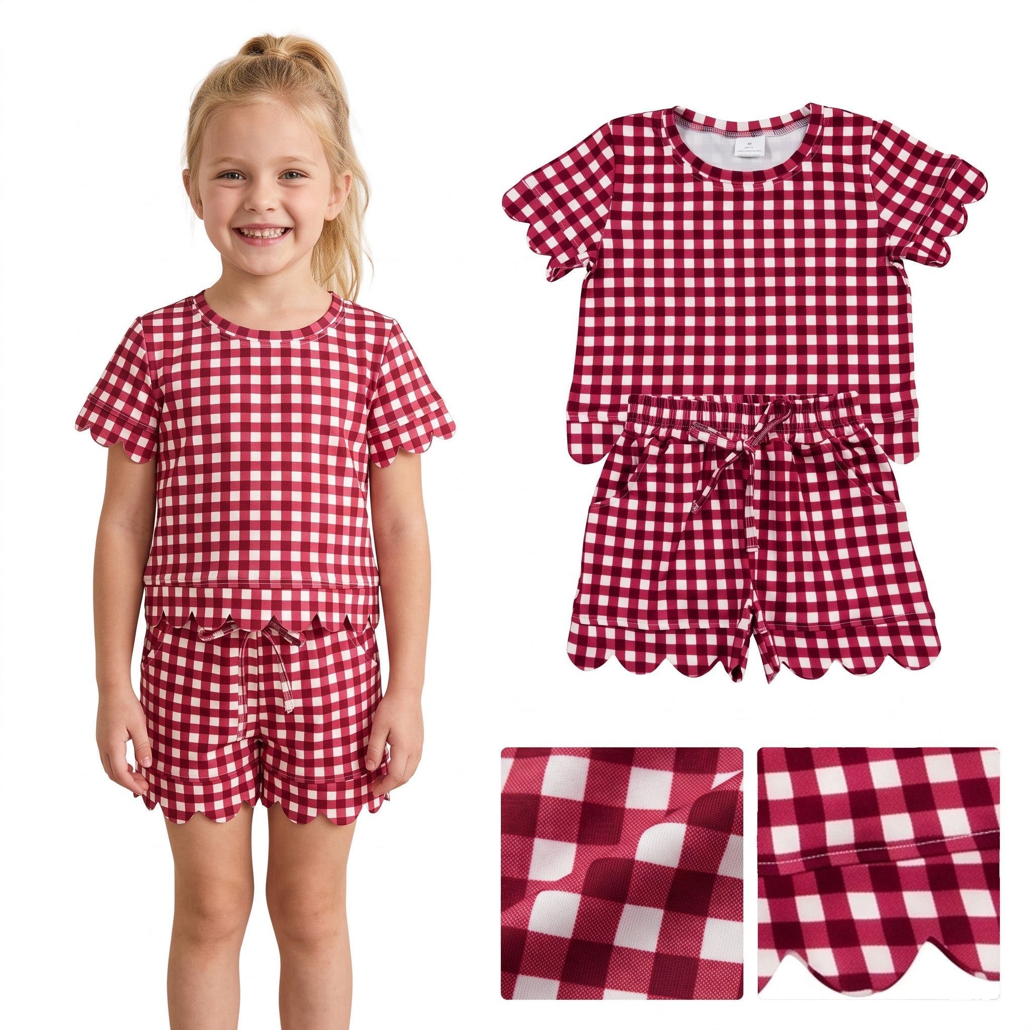 Short sleeves plaid scallop top shorts girls team outfits