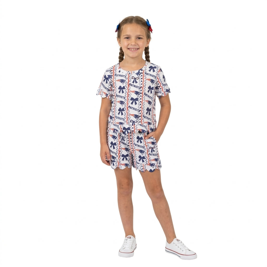 Short sleeves navy bow girls team scallop outfits