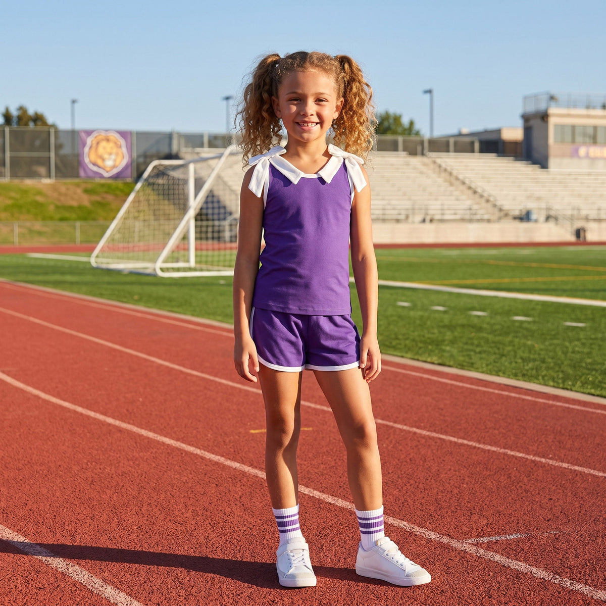 Sleeveless white bow purple top shorts girls team set