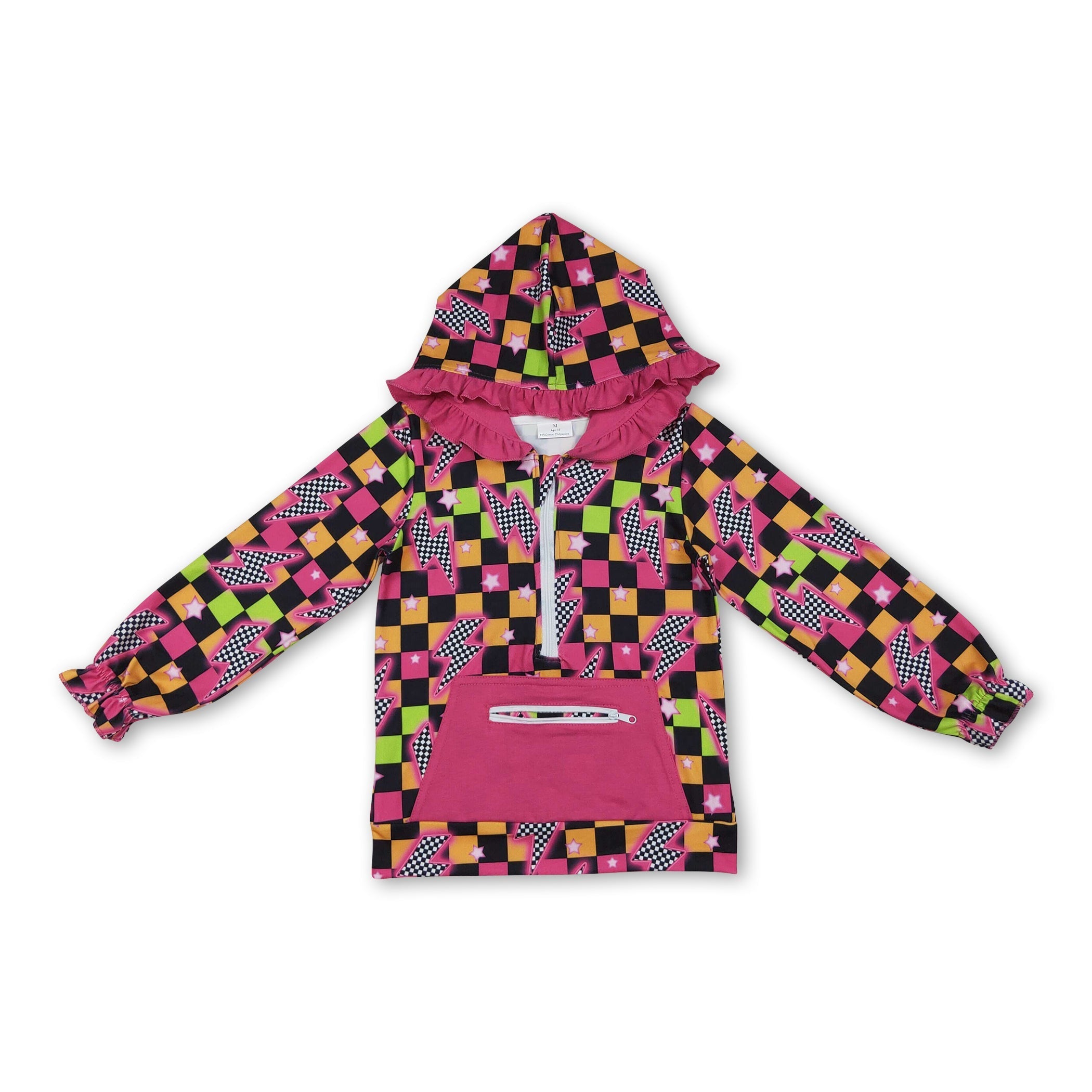 Long sleeves plaid thunder ruffle girls zipper hoodie