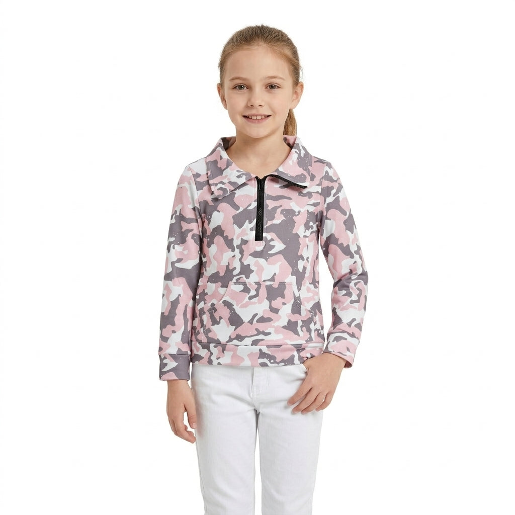 Long sleeves pink camo kids girls zipper pullover
