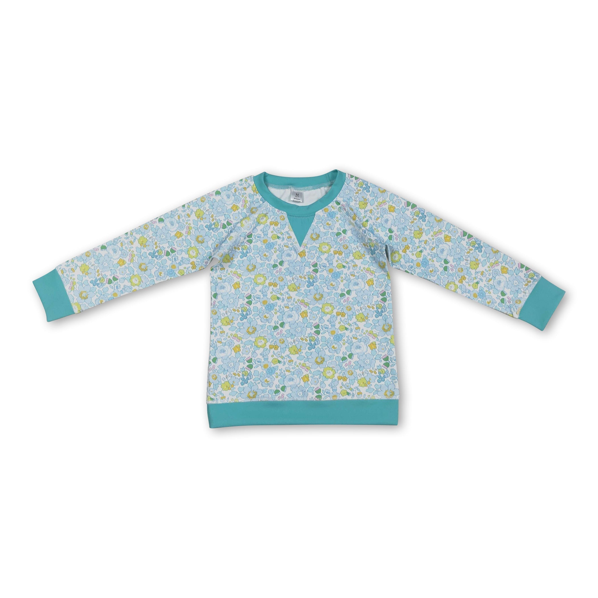 small cyan flowers print yoga girl long sleeve top