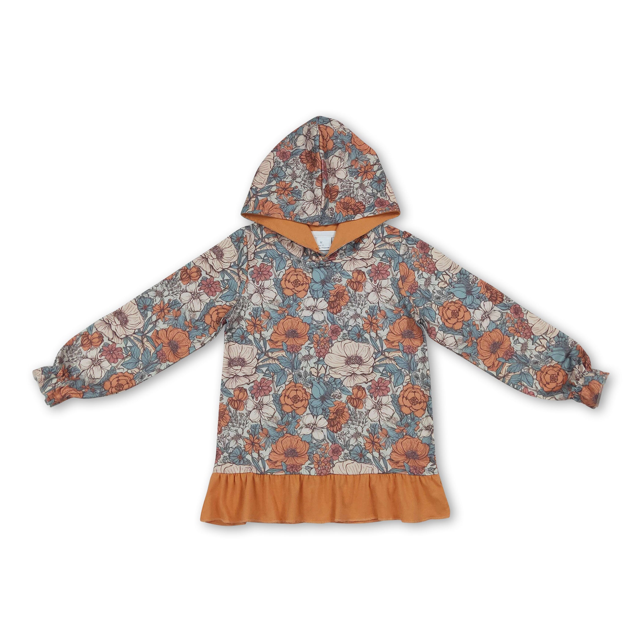 Long sleeves orange ruffle floral girls fall hoodie