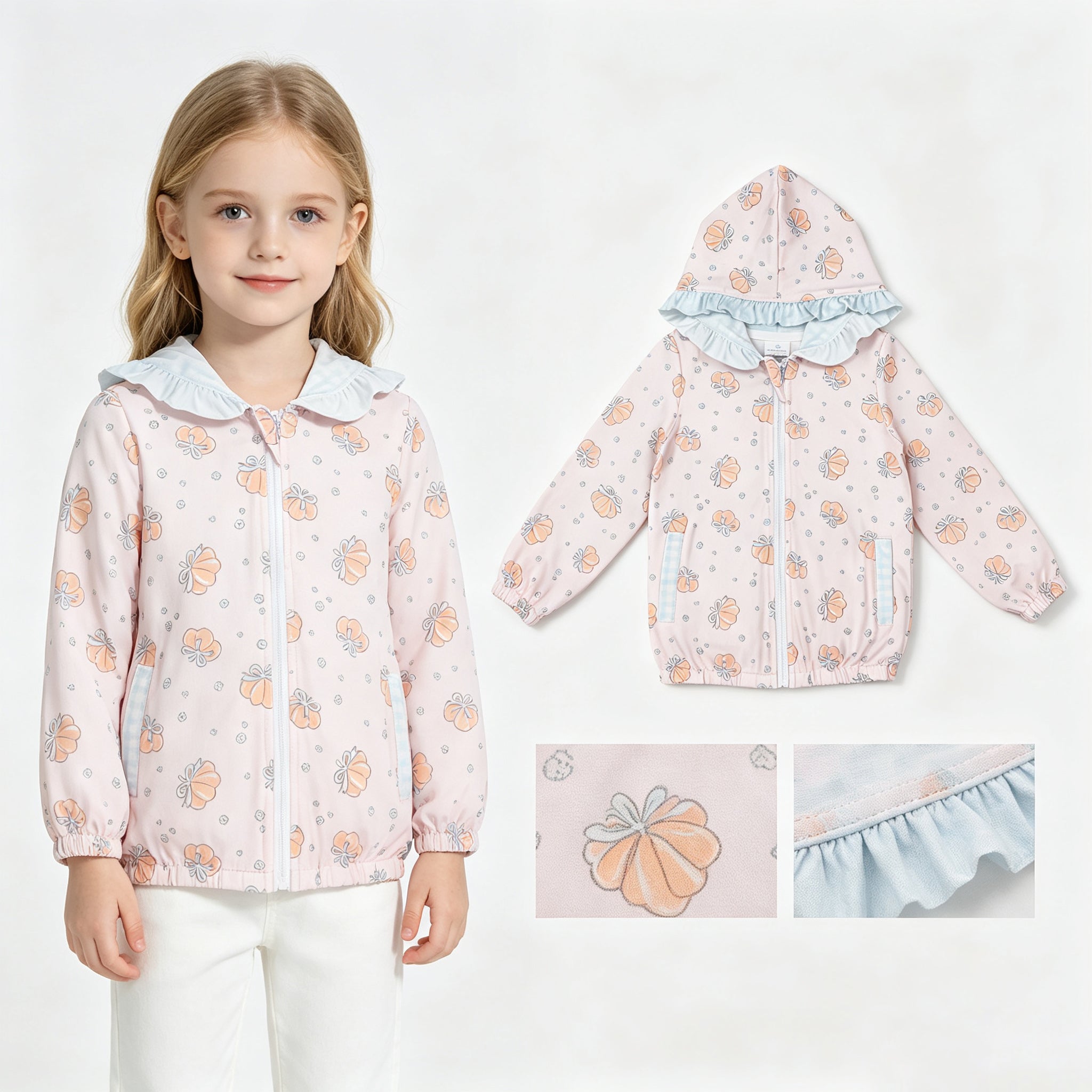 Long sleeves pumpkin bow ruffle girls fall hooded jacket