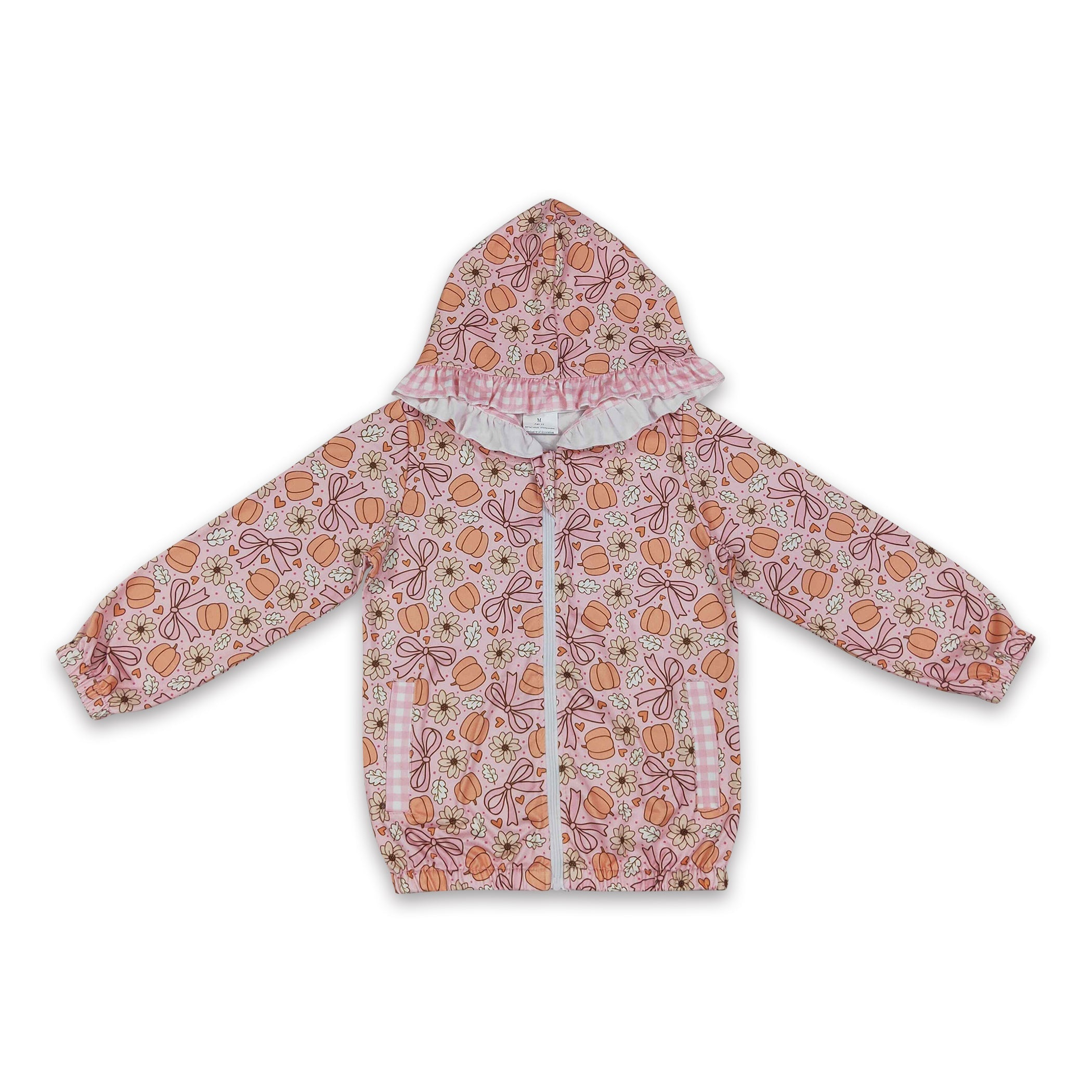 Girls long sleeve hooded jacket by Mini Rodeo featuring a floral pumpkin bow and ruffle details, perfect for fall.