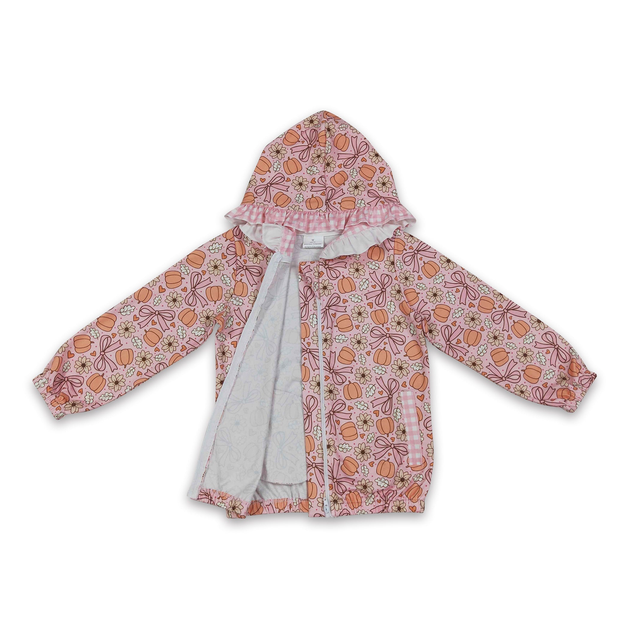 Girls long sleeve hooded jacket with floral pumpkin bow ruffle design by Mini Rodeo, perfect for fall.
