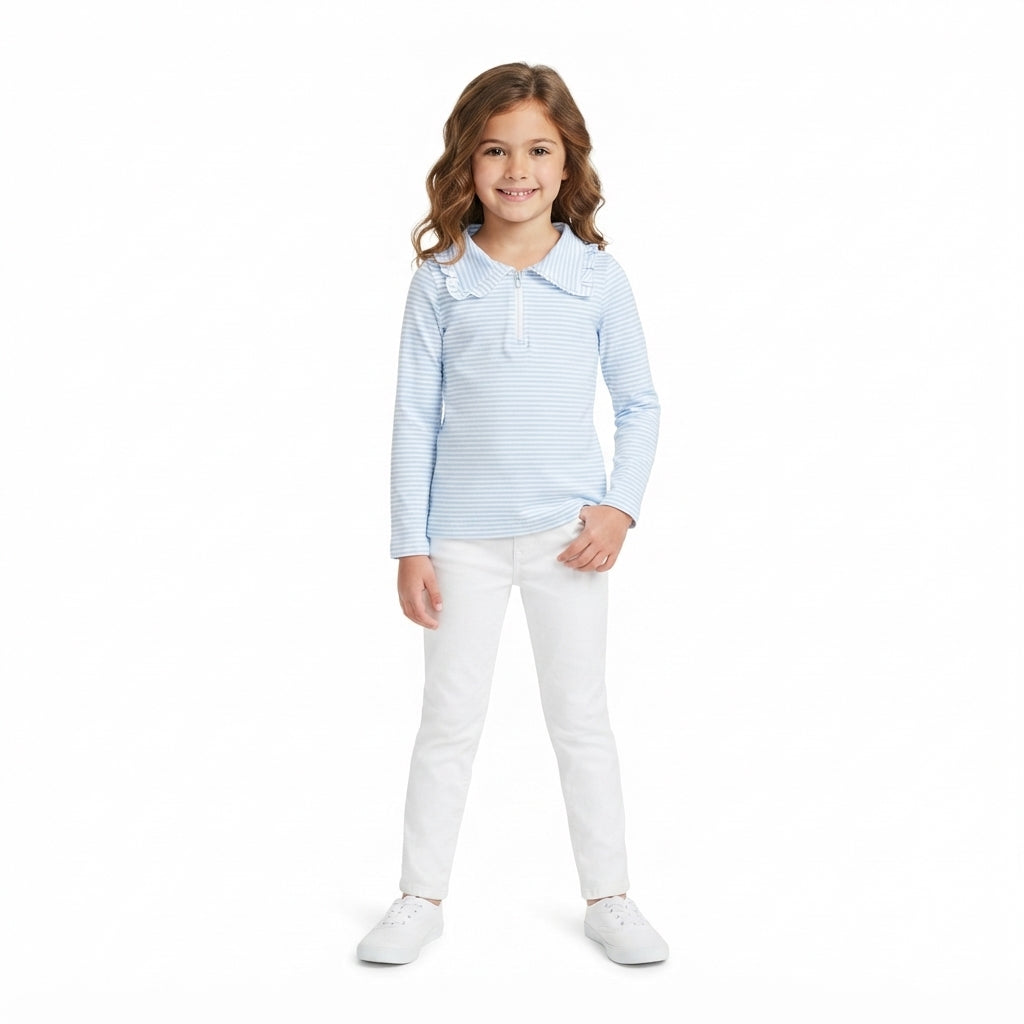 Long sleeves light blue stripe ruffle zipper girls pullover