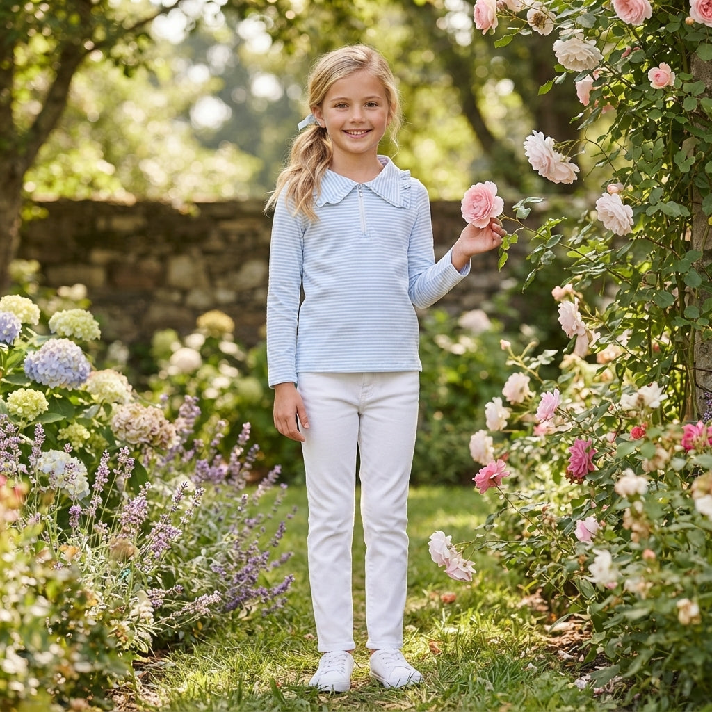 Long sleeves light blue stripe ruffle zipper girls pullover