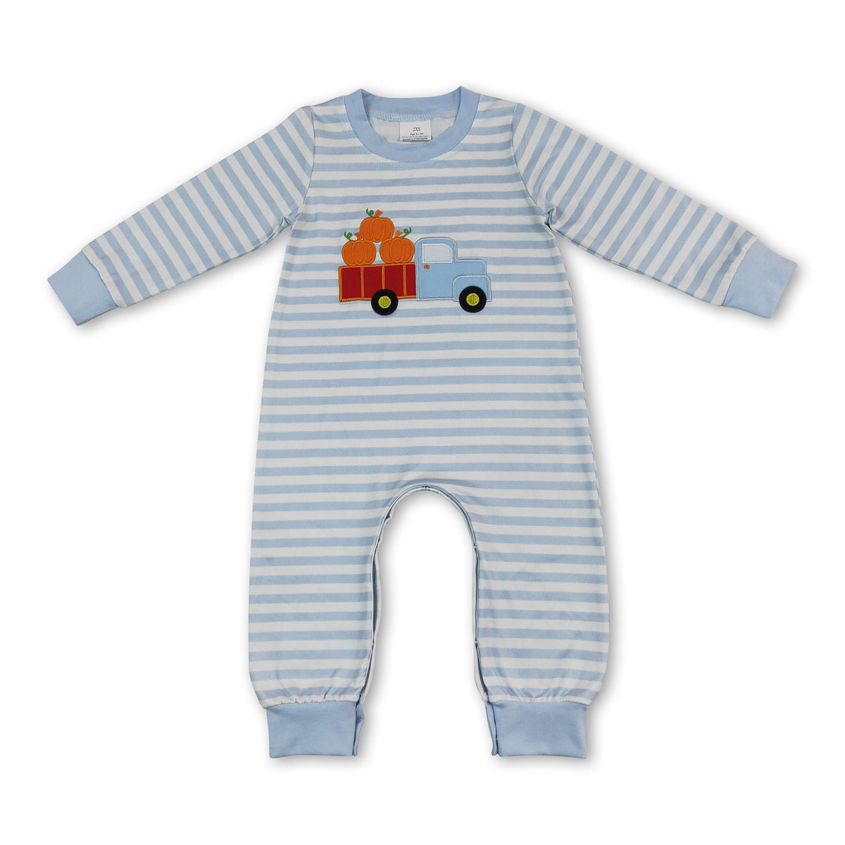 Light blue stripe pumpkin truck embroidery boy fall romper