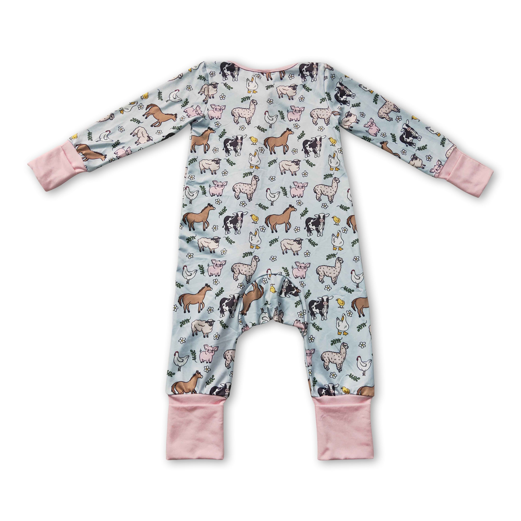 Pink pig chicken cow farm baby girls zipper romper