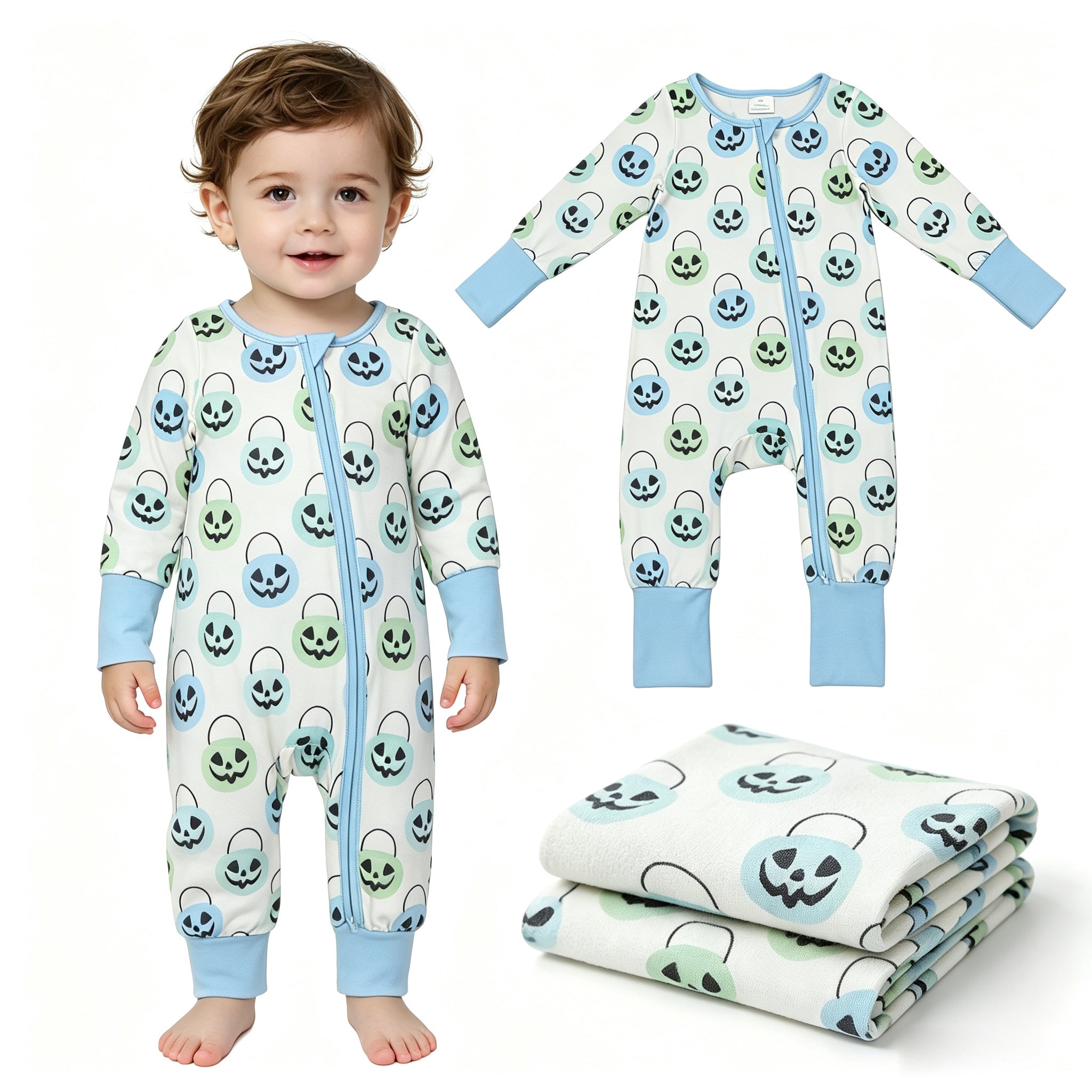 Light blue pumpkin basket baby boy Halloween zipper romper