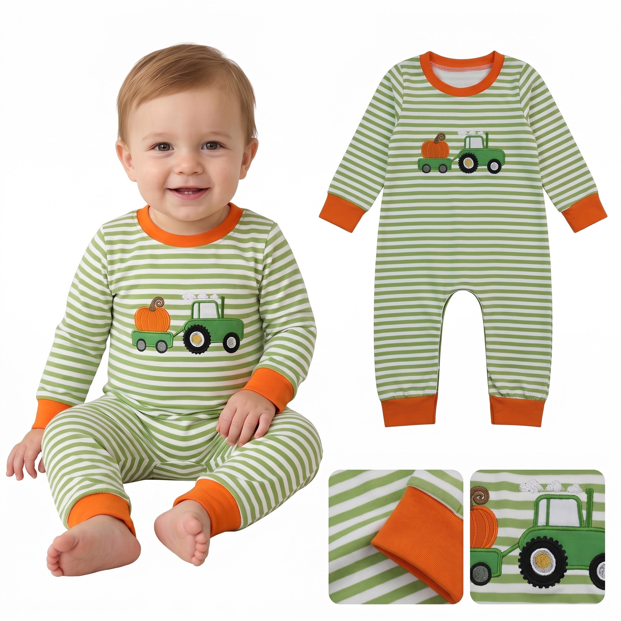Green stripe pumpkin embroidery baby boy fall romper