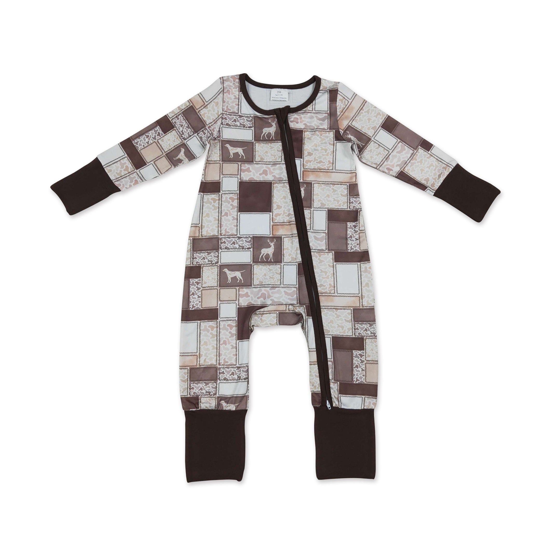 Long sleeves brown camo hunting dog baby boy zipper romper