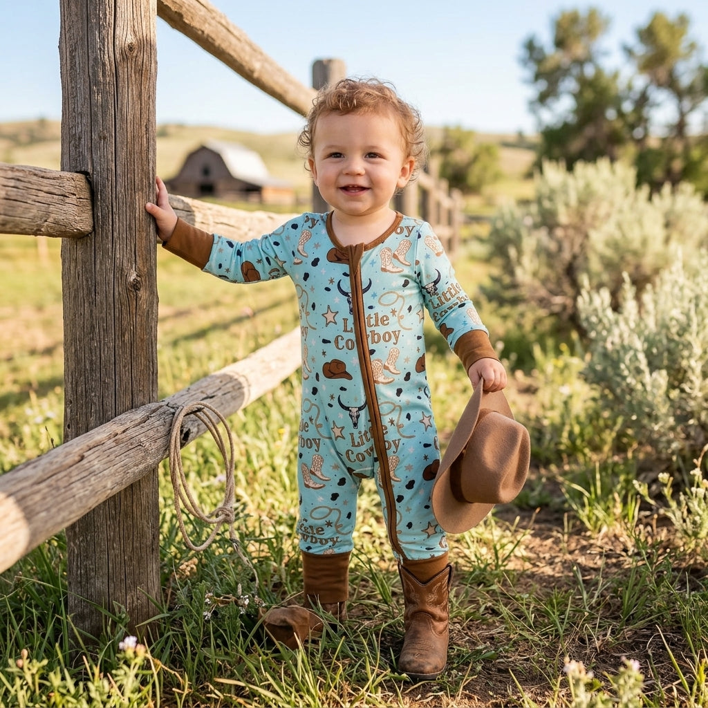 Little cowboy bull skull western baby boy zipper romper