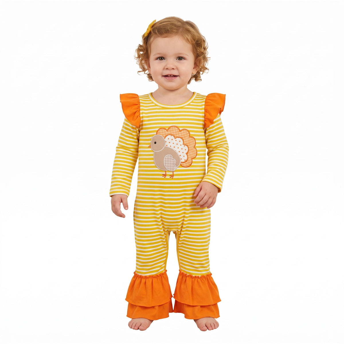 Stripe turkey embroidery girls Thanksgiving romper