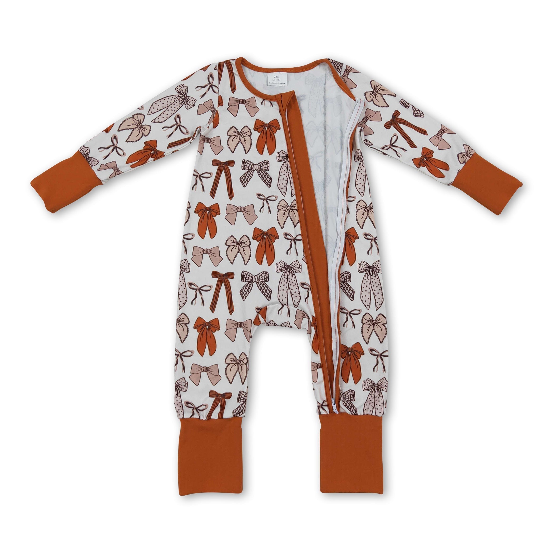 Brown bow baby girls Thanksgiving zipper romper