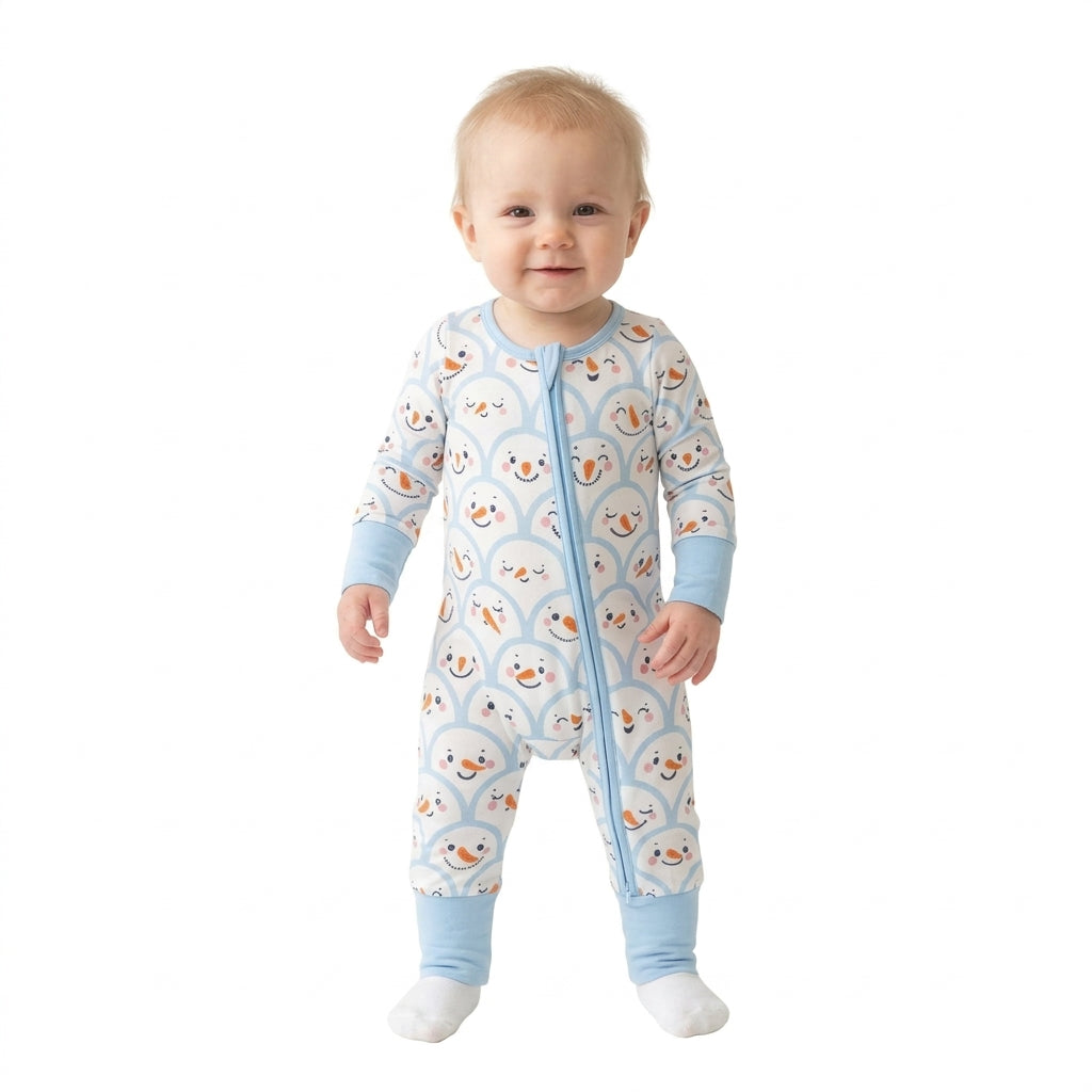 Blue snowman long sleeves baby boys zipper romper