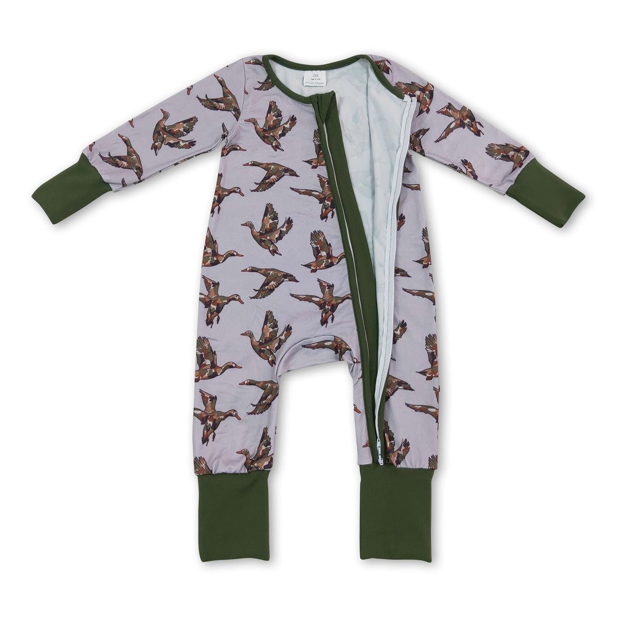 Green long sleeves camo duck baby boys zipper romper