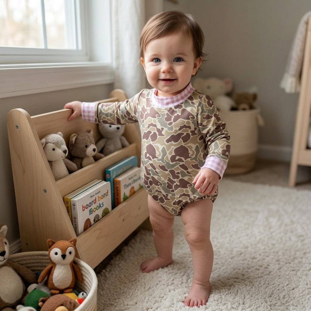 Pink plaid camo long sleeves baby girls romper