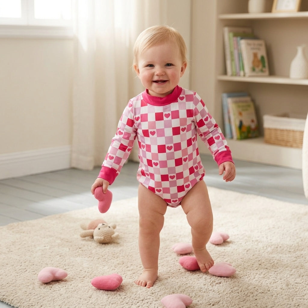 Hot pink mock neck heart baby girls Valentine&