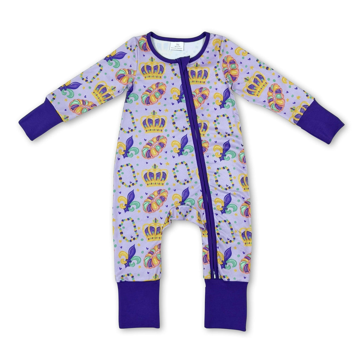 Purple ruffle crown donut girls Mardi Gras zipper romper