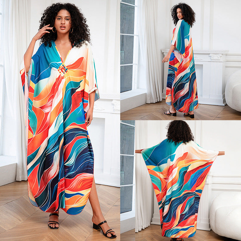 Positioning Print Holiday Loose plus Size Robe Beach Cover up Dress Bikini Cover-up Women&