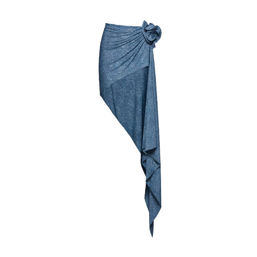 Popular Floral Decoration One Shoulder Hollow Out Cutout Soft Denim One Piece Swimsuit Women