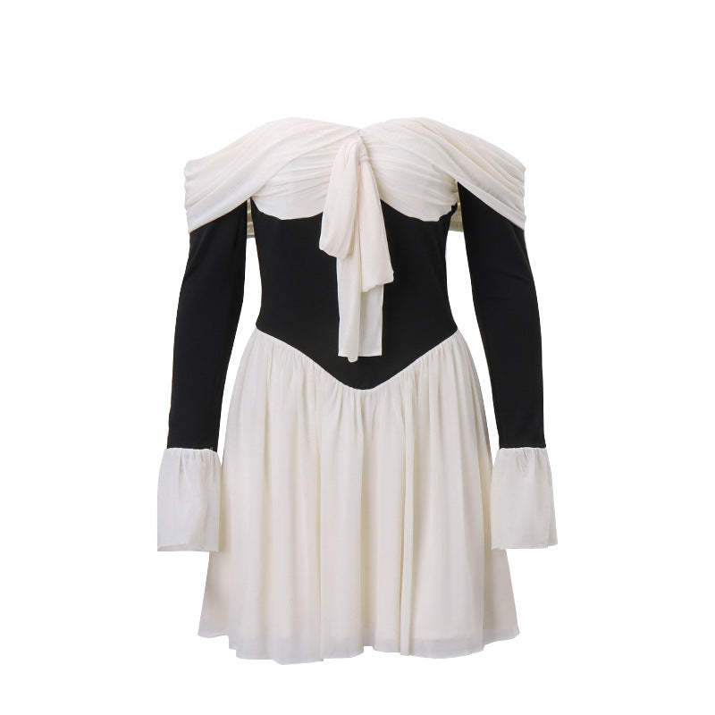 Women Clothing Fall Sexy off Shoulder French Royal Waist Controlled Bell Sleeve Dress