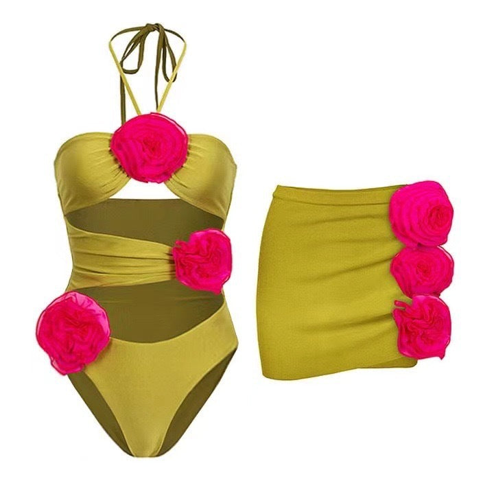 French One Piece Solid Color Women Swimsuit Solid Color Sexy Floral Short Skirt Swimsuit Women Bikini