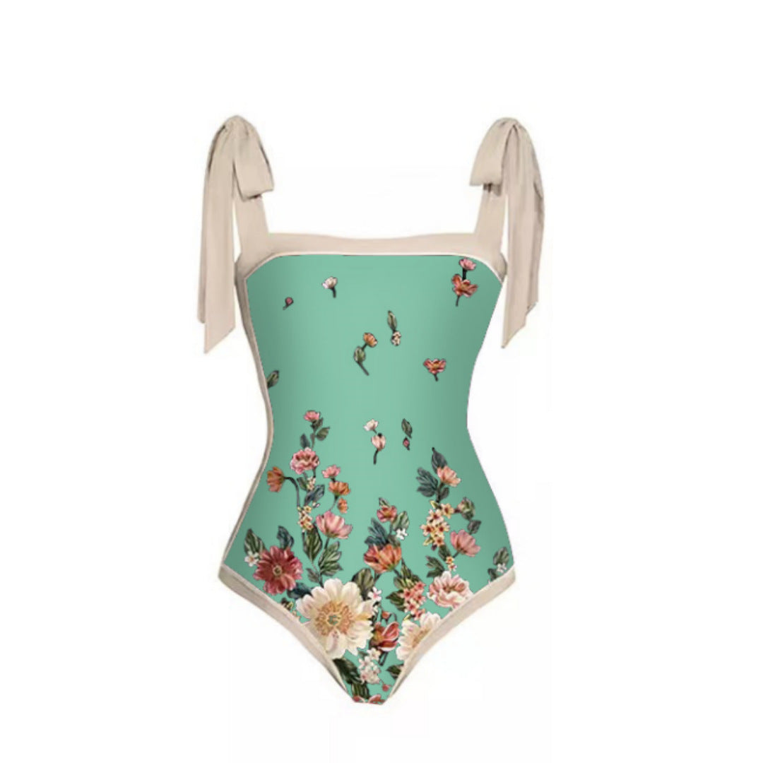 Mesh Two Piece French Swimsuit Digital Printing Sheath Dress Swimsuit for Women