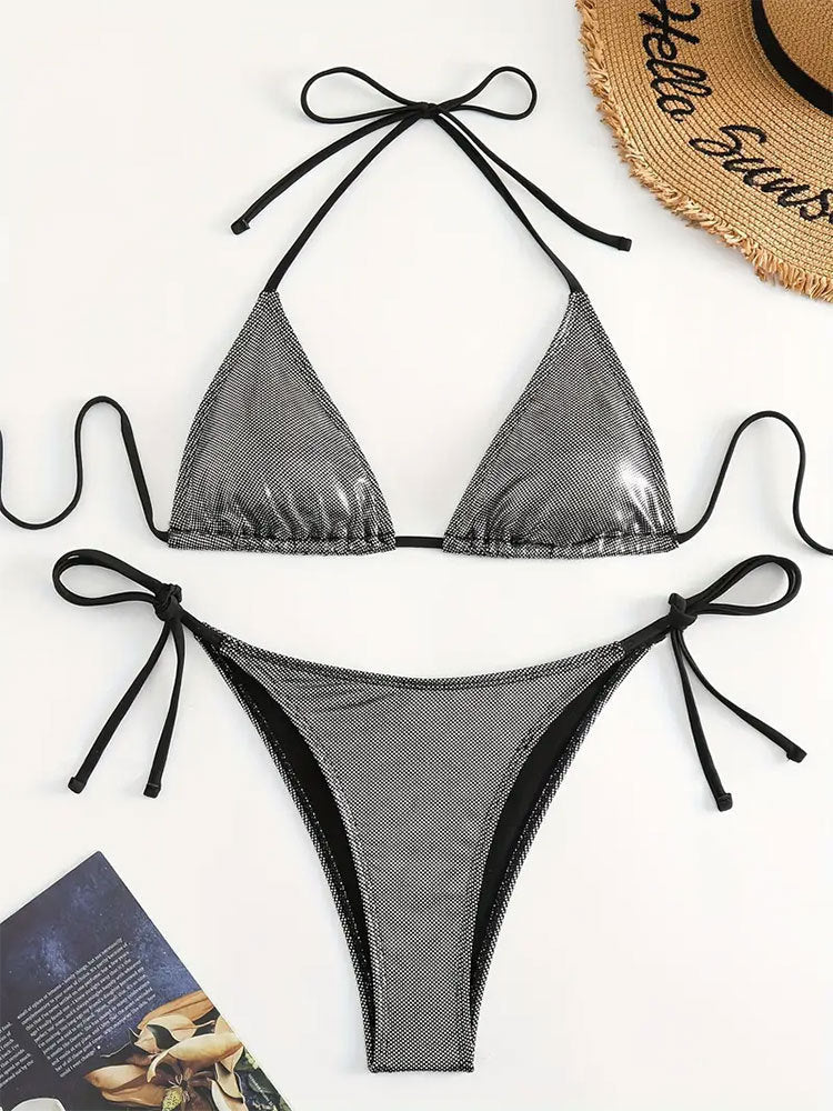 Solid Color Tied Sexy Split Swimsuit Women Three Point Beach Bikini Swimming Set