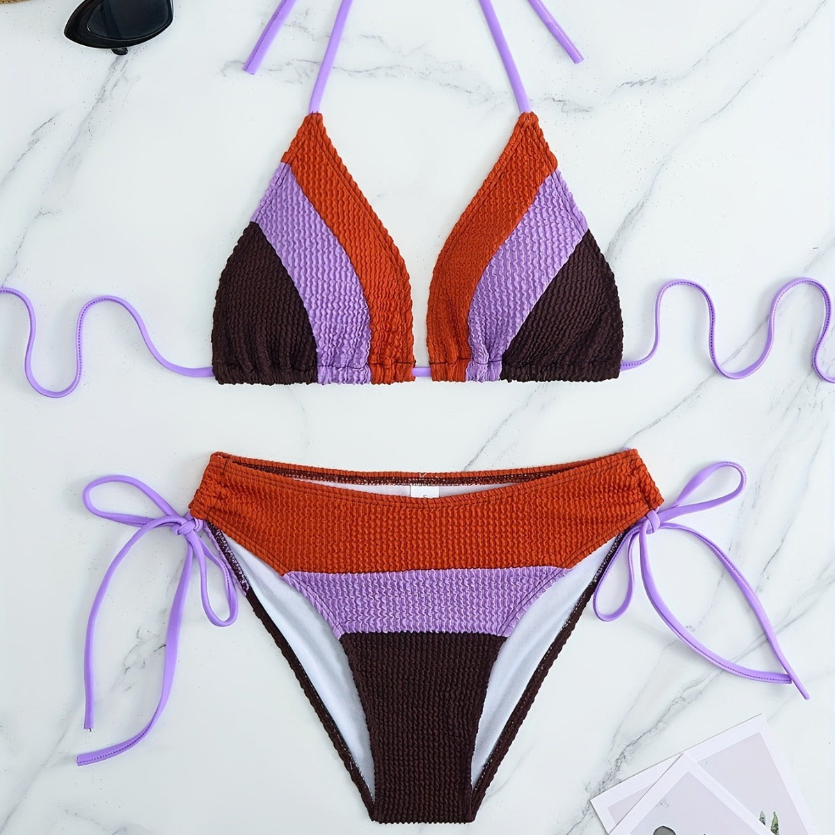 Women Seperated Swimwear Bikini Color Matching Drawstring Backless Sexy Swimsuit Bikini