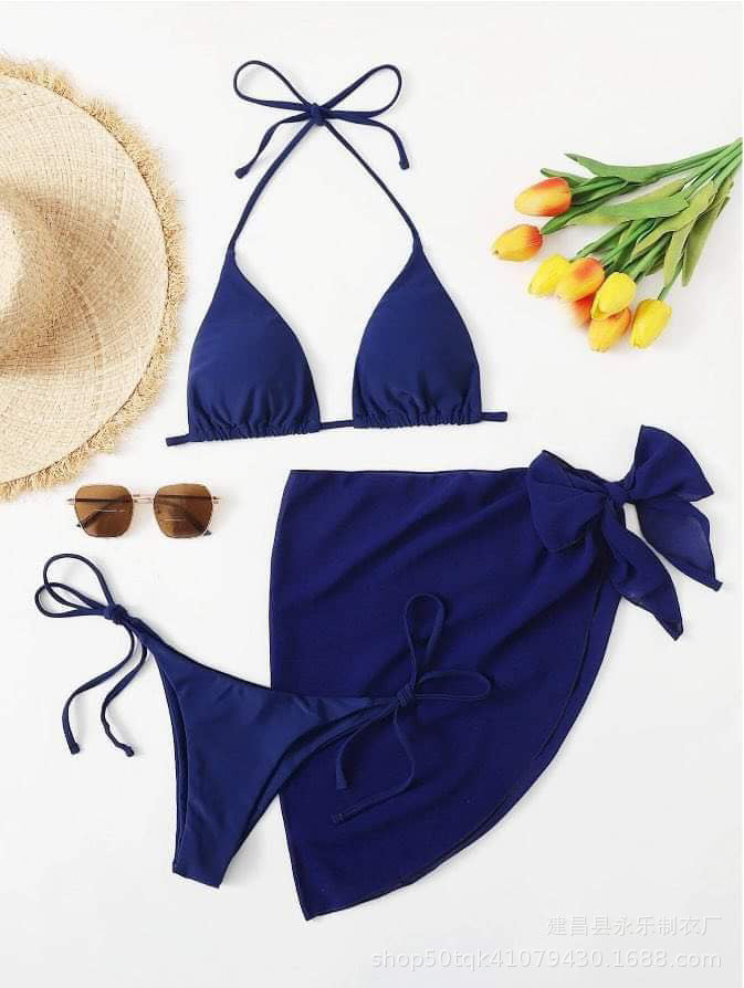Solid Color Triangle Cup Bandage Sexy Bikini Three Piece Swimsuit