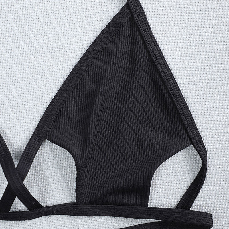Lace up Halterneck Women Bikini Top Sexy Solid Color Hollow Out Cutout Beach Swimsuit