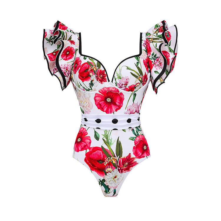Spring Sexy Swimsuit Women Conservative Warm Printed Swimsuit Wrap Skirt Set