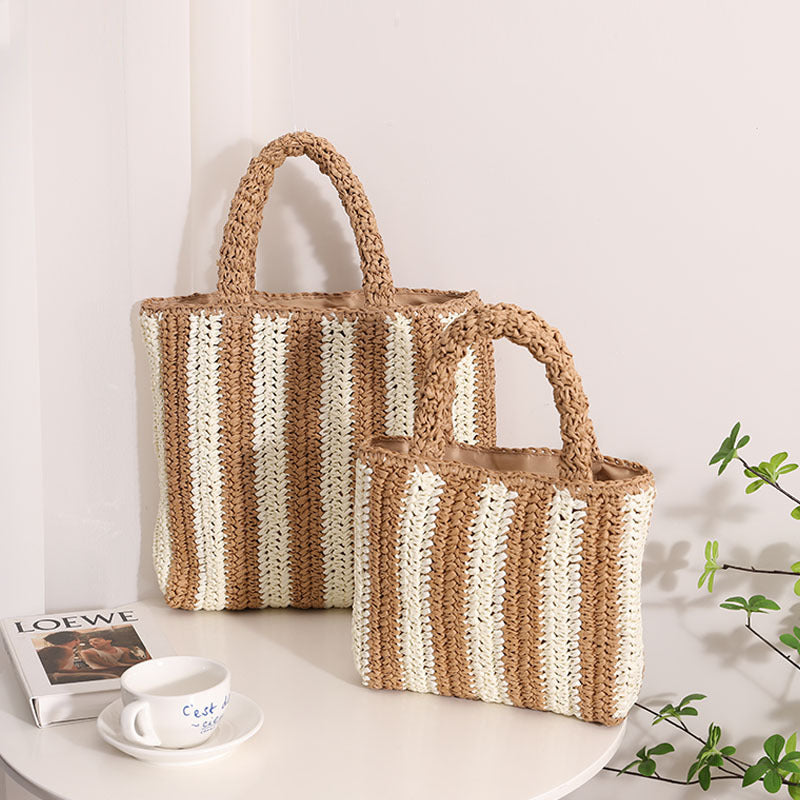 Vertical Stripes French Straw Bag Portable Contrast Color Straw Bag Woven Bag Women&